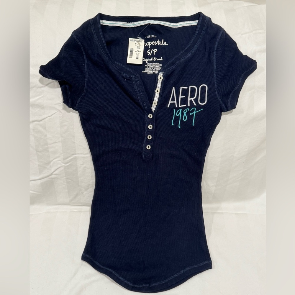 Aeropostale Navy Short Sleeve Henley with 'AERO 1987' Script New NWT